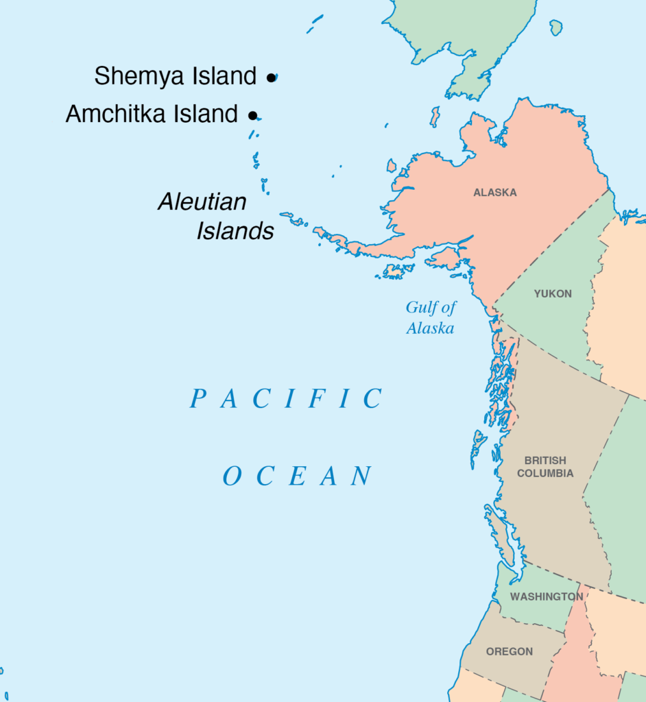 Map showing Amchitka and Shemya Islands where James Estes did research on the relationship of kelp and otters