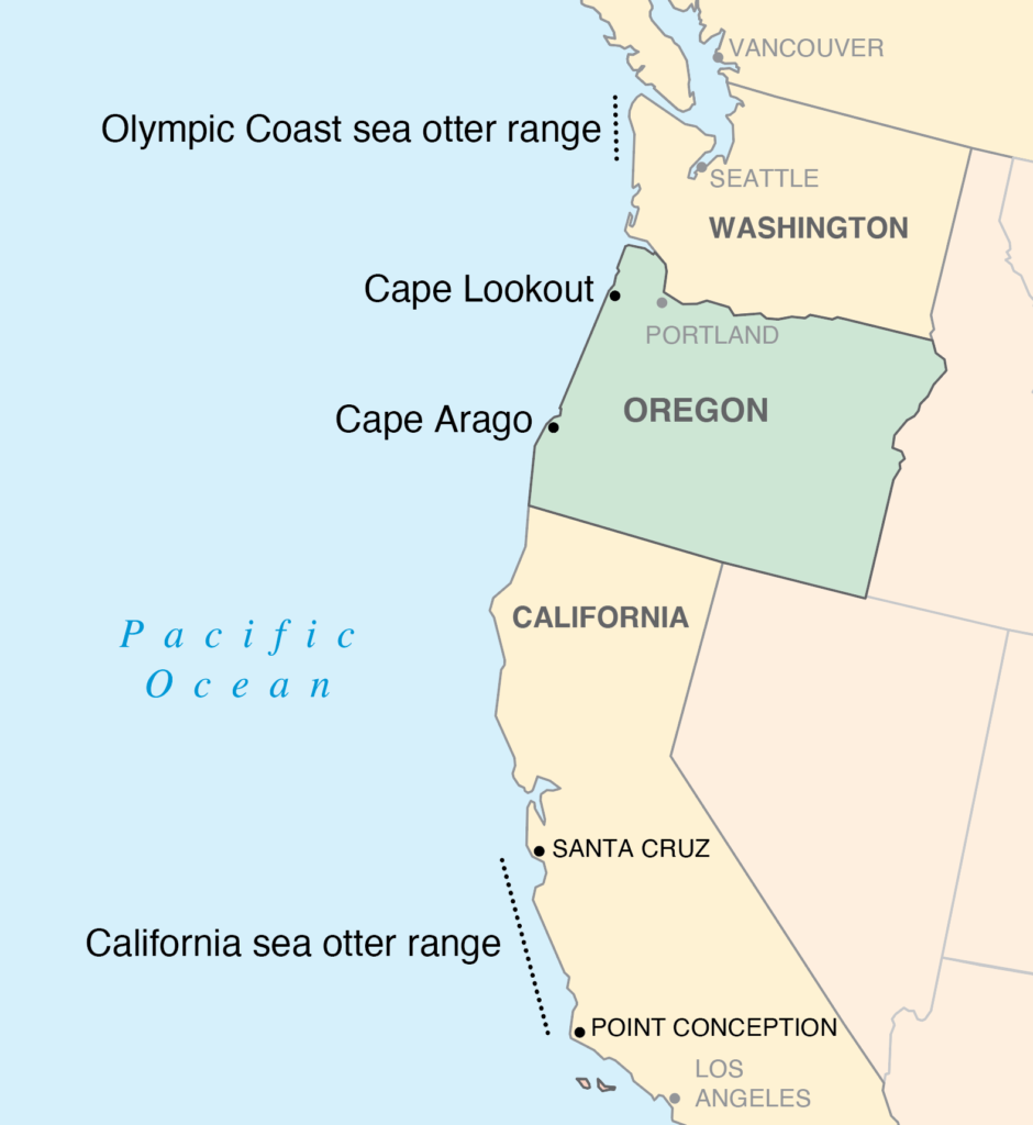 map showing range of sea otters in Washington and Oregon, and how far they have to travel to likely Oregon habitat