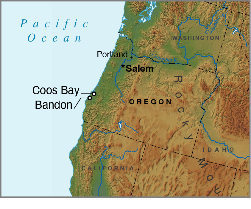 Relief map showing location of Coos Bay, Bandon and Salem, Oregon